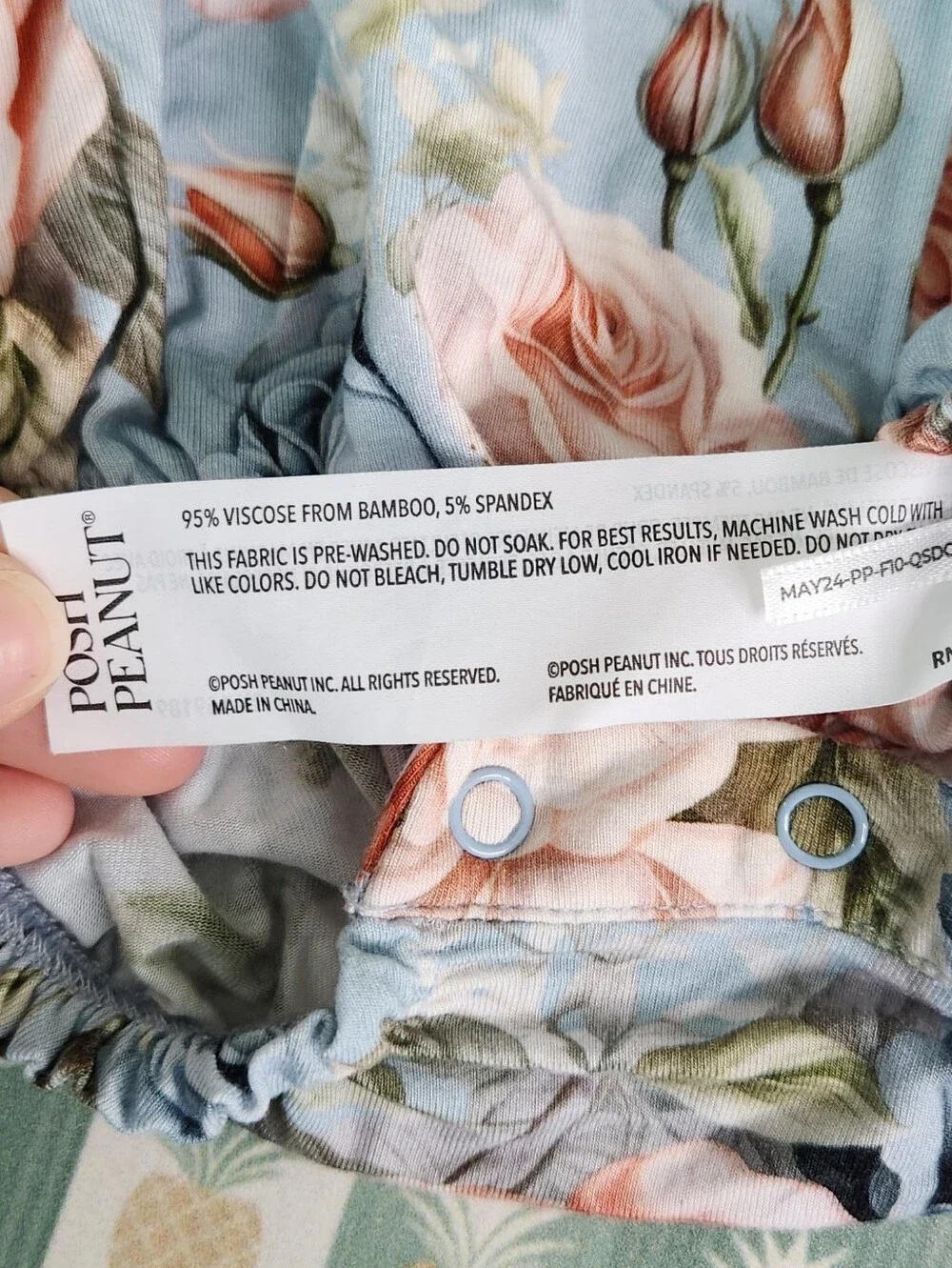 Posh Peanut Blue Floral Baby Romper with Pink Roses